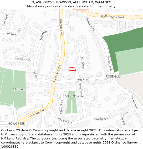 3, ASH GROVE, BOWDON, ALTRINCHAM, WA14 3EG: Location map and indicative extent of plot