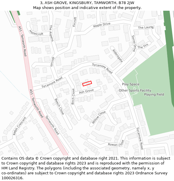 3, ASH GROVE, KINGSBURY, TAMWORTH, B78 2JW: Location map and indicative extent of plot