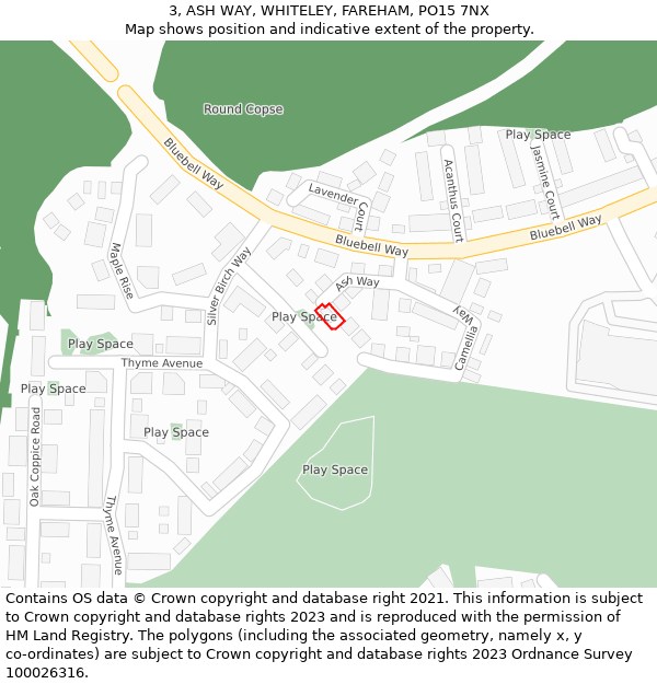 3, ASH WAY, WHITELEY, FAREHAM, PO15 7NX: Location map and indicative extent of plot