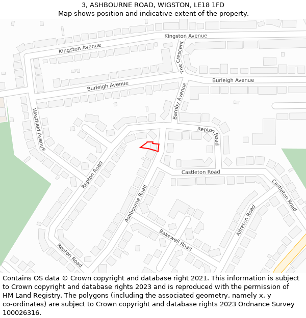 3, ASHBOURNE ROAD, WIGSTON, LE18 1FD: Location map and indicative extent of plot