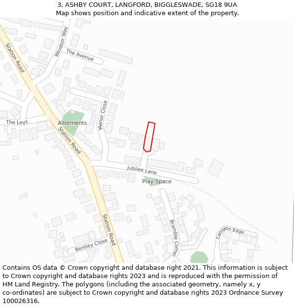 3, ASHBY COURT, LANGFORD, BIGGLESWADE, SG18 9UA: Location map and indicative extent of plot