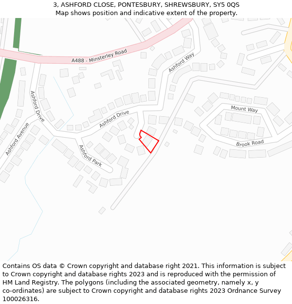 3, ASHFORD CLOSE, PONTESBURY, SHREWSBURY, SY5 0QS: Location map and indicative extent of plot