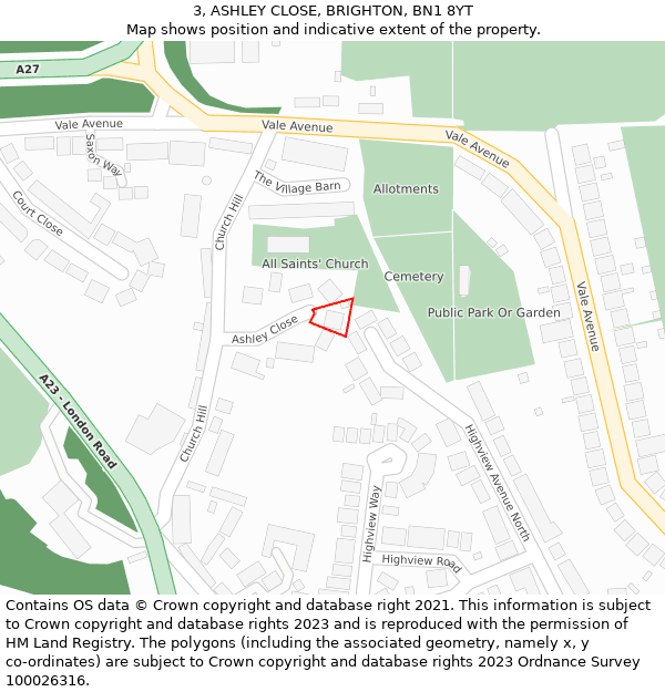 3, ASHLEY CLOSE, BRIGHTON, BN1 8YT: Location map and indicative extent of plot
