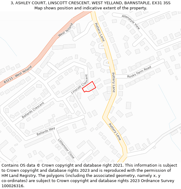 3, ASHLEY COURT, LINSCOTT CRESCENT, WEST YELLAND, BARNSTAPLE, EX31 3SS: Location map and indicative extent of plot