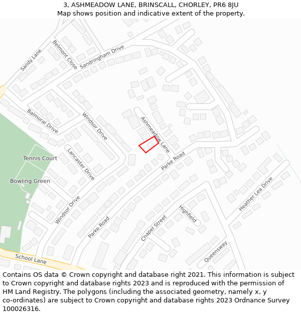 3, ASHMEADOW LANE, BRINSCALL, CHORLEY, PR6 8JU: Location map and indicative extent of plot