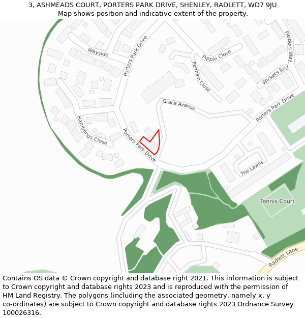 3, ASHMEADS COURT, PORTERS PARK DRIVE, SHENLEY, RADLETT, WD7 9JU: Location map and indicative extent of plot