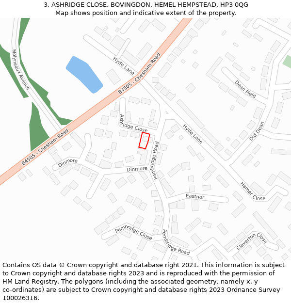 3, ASHRIDGE CLOSE, BOVINGDON, HEMEL HEMPSTEAD, HP3 0QG: Location map and indicative extent of plot