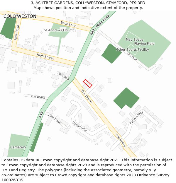 3, ASHTREE GARDENS, COLLYWESTON, STAMFORD, PE9 3PD: Location map and indicative extent of plot