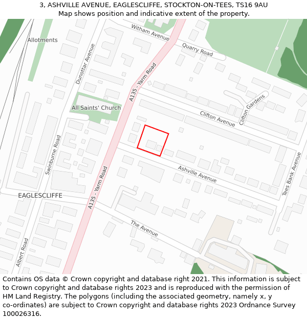 3, ASHVILLE AVENUE, EAGLESCLIFFE, STOCKTON-ON-TEES, TS16 9AU: Location map and indicative extent of plot
