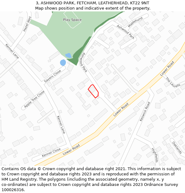 3, ASHWOOD PARK, FETCHAM, LEATHERHEAD, KT22 9NT: Location map and indicative extent of plot