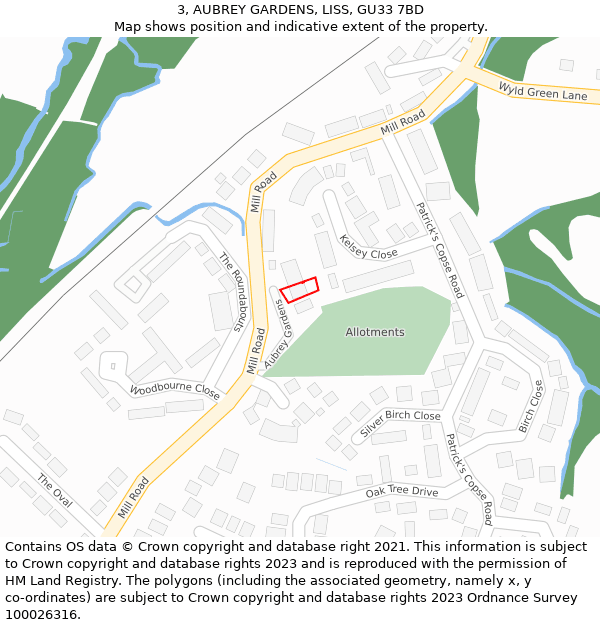 3, AUBREY GARDENS, LISS, GU33 7BD: Location map and indicative extent of plot