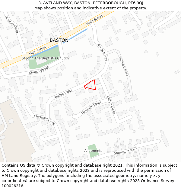 3, AVELAND WAY, BASTON, PETERBOROUGH, PE6 9QJ: Location map and indicative extent of plot