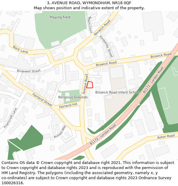 3, AVENUE ROAD, WYMONDHAM, NR18 0QF: Location map and indicative extent of plot