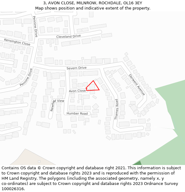 3, AVON CLOSE, MILNROW, ROCHDALE, OL16 3EY: Location map and indicative extent of plot