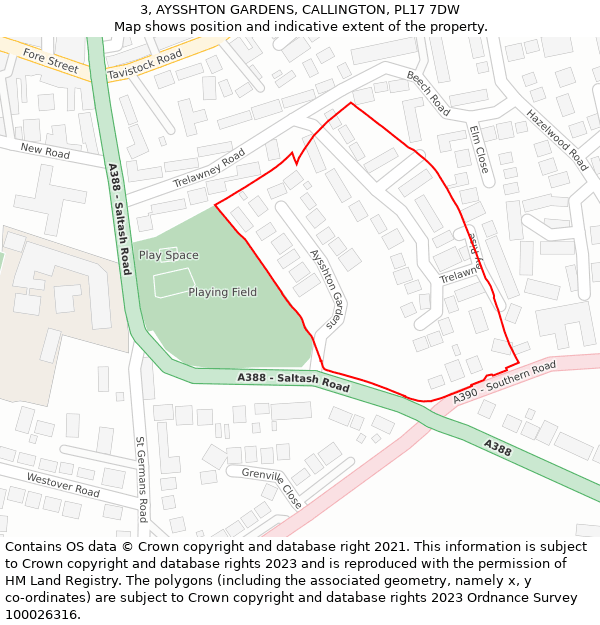3, AYSSHTON GARDENS, CALLINGTON, PL17 7DW: Location map and indicative extent of plot