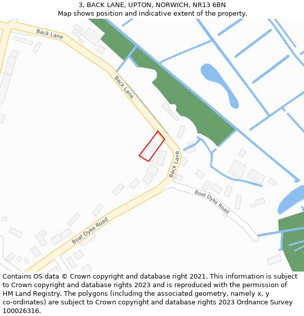 3, BACK LANE, UPTON, NORWICH, NR13 6BN: Location map and indicative extent of plot