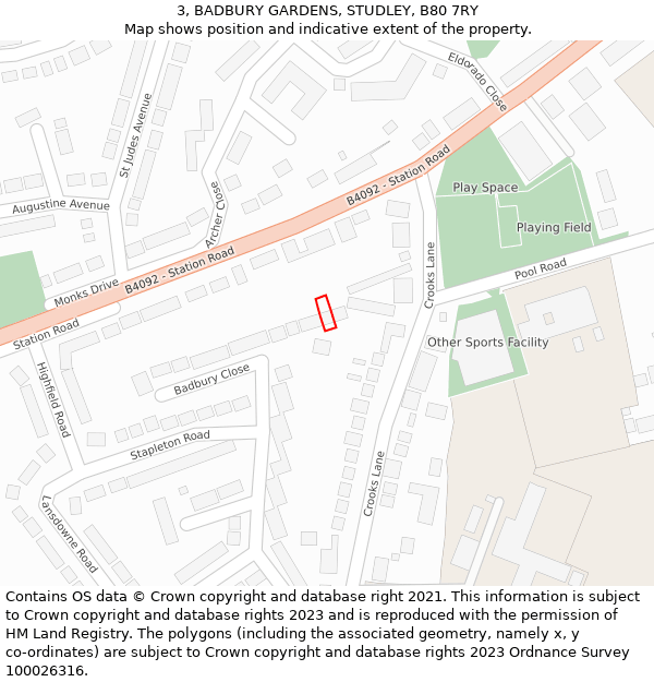 3, BADBURY GARDENS, STUDLEY, B80 7RY: Location map and indicative extent of plot