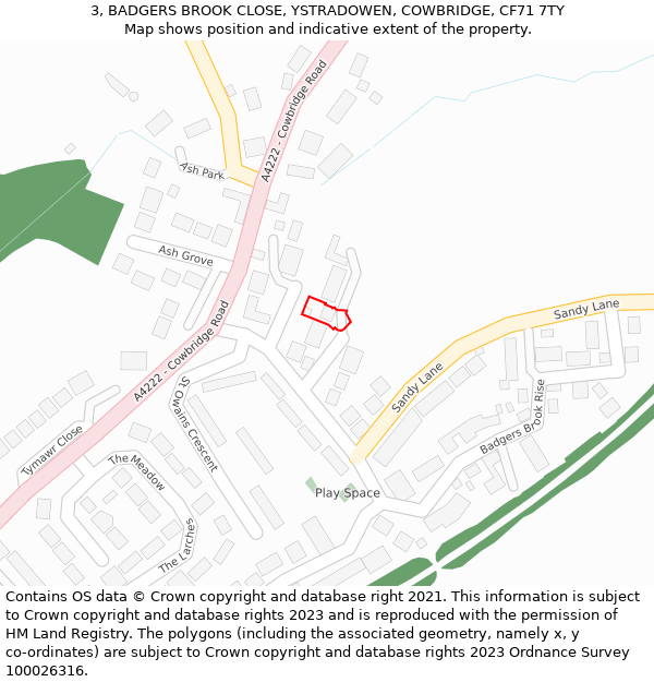 3, BADGERS BROOK CLOSE, YSTRADOWEN, COWBRIDGE, CF71 7TY: Location map and indicative extent of plot