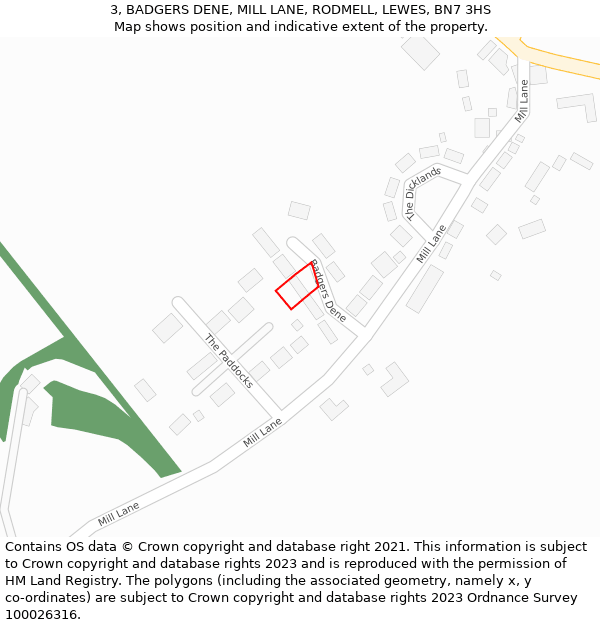 3, BADGERS DENE, MILL LANE, RODMELL, LEWES, BN7 3HS: Location map and indicative extent of plot