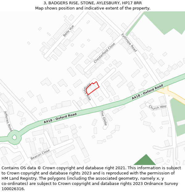 3, BADGERS RISE, STONE, AYLESBURY, HP17 8RR: Location map and indicative extent of plot