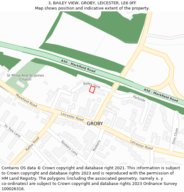 3, BAILEY VIEW, GROBY, LEICESTER, LE6 0FF: Location map and indicative extent of plot