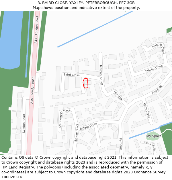 3, BAIRD CLOSE, YAXLEY, PETERBOROUGH, PE7 3GB: Location map and indicative extent of plot