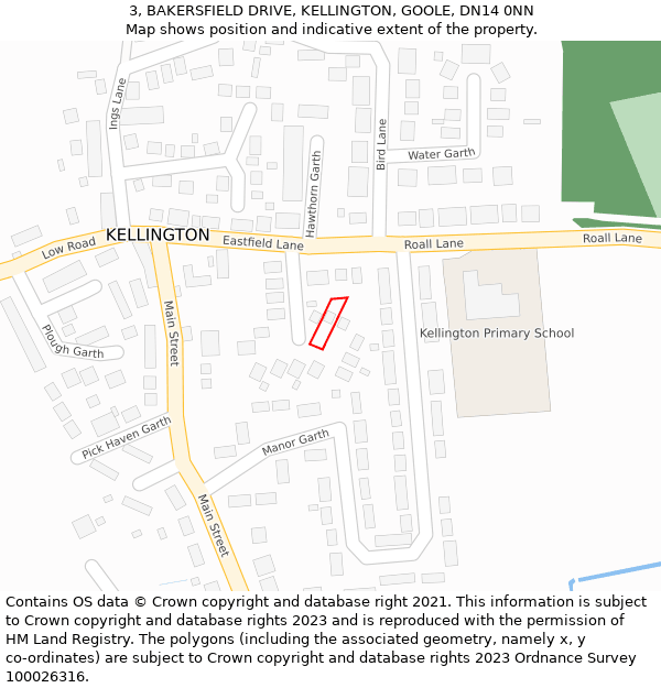 3, BAKERSFIELD DRIVE, KELLINGTON, GOOLE, DN14 0NN: Location map and indicative extent of plot