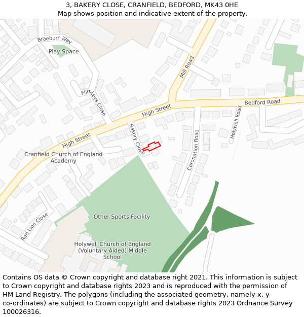 3, BAKERY CLOSE, CRANFIELD, BEDFORD, MK43 0HE: Location map and indicative extent of plot