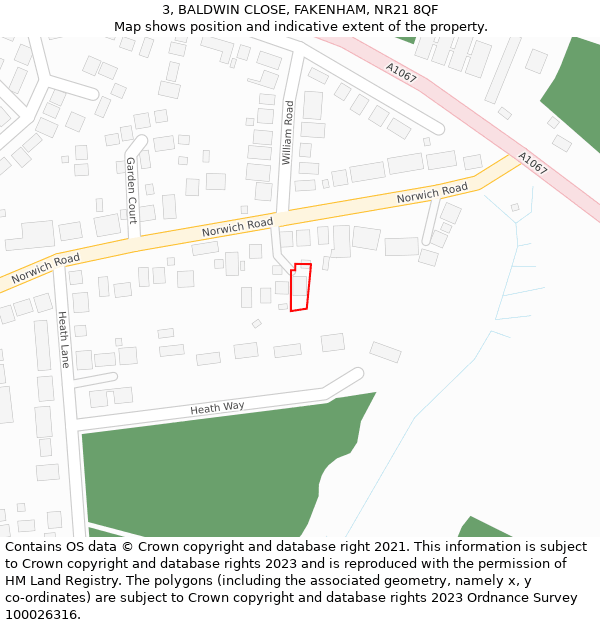 3, BALDWIN CLOSE, FAKENHAM, NR21 8QF: Location map and indicative extent of plot