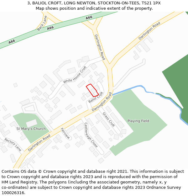 3, BALIOL CROFT, LONG NEWTON, STOCKTON-ON-TEES, TS21 1PX: Location map and indicative extent of plot