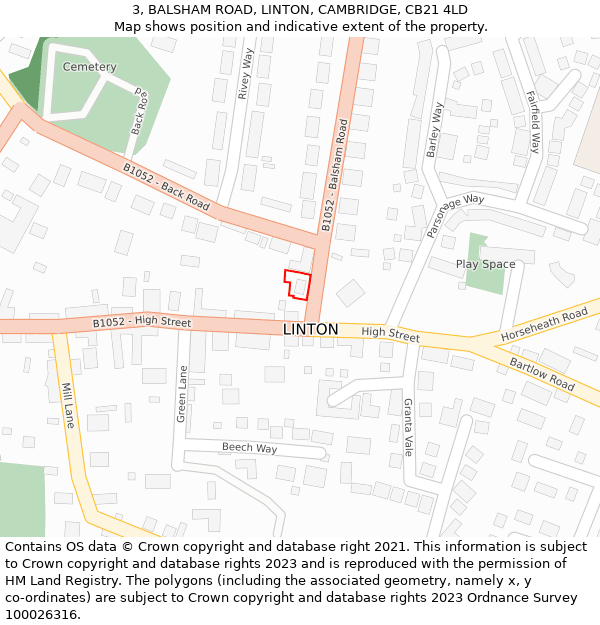 3, BALSHAM ROAD, LINTON, CAMBRIDGE, CB21 4LD: Location map and indicative extent of plot