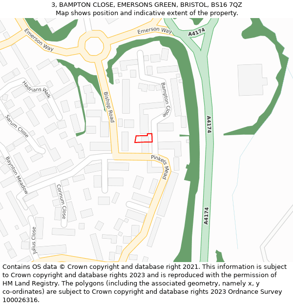 3, BAMPTON CLOSE, EMERSONS GREEN, BRISTOL, BS16 7QZ: Location map and indicative extent of plot