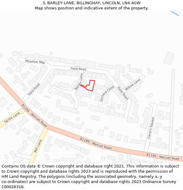 3, BARLEY LANE, BILLINGHAY, LINCOLN, LN4 4GW: Location map and indicative extent of plot