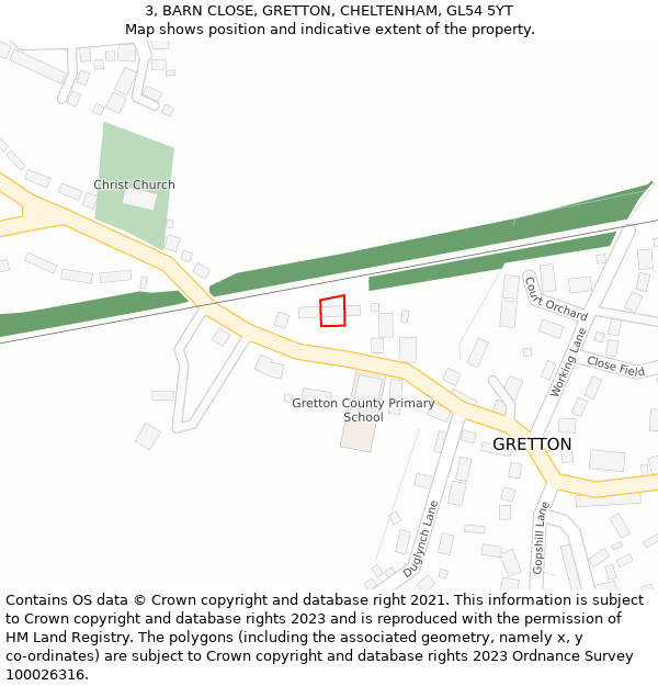 3, BARN CLOSE, GRETTON, CHELTENHAM, GL54 5YT: Location map and indicative extent of plot