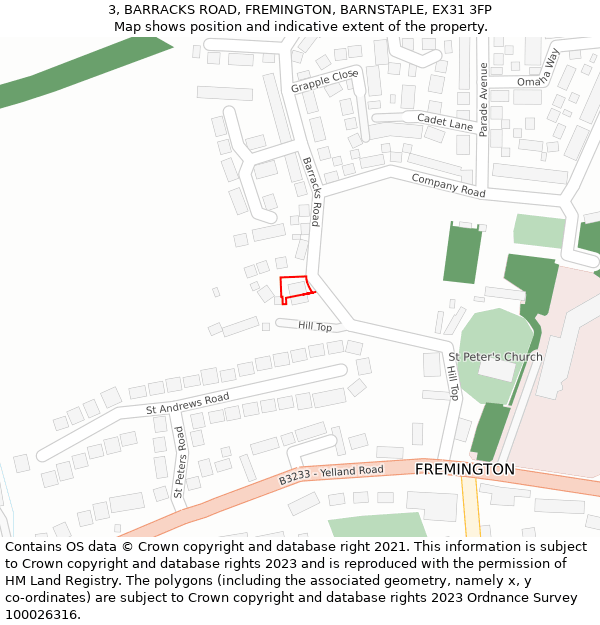 3, BARRACKS ROAD, FREMINGTON, BARNSTAPLE, EX31 3FP: Location map and indicative extent of plot