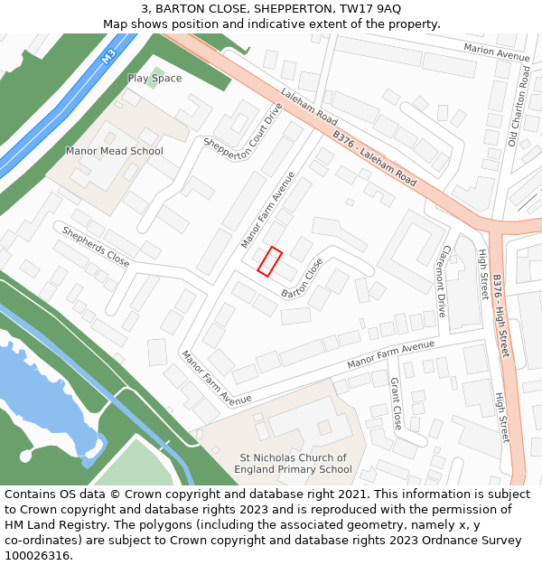 3, BARTON CLOSE, SHEPPERTON, TW17 9AQ: Location map and indicative extent of plot