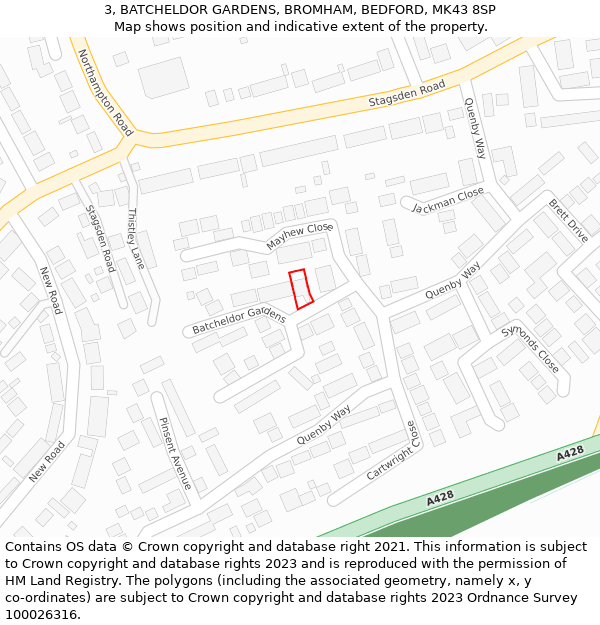 3, BATCHELDOR GARDENS, BROMHAM, BEDFORD, MK43 8SP: Location map and indicative extent of plot