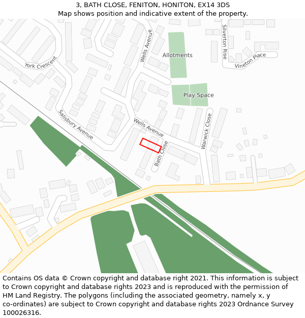 3, BATH CLOSE, FENITON, HONITON, EX14 3DS: Location map and indicative extent of plot