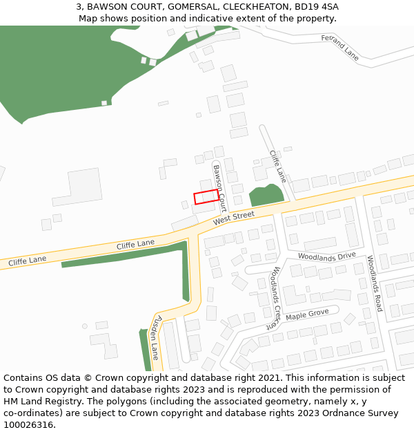 3, BAWSON COURT, GOMERSAL, CLECKHEATON, BD19 4SA: Location map and indicative extent of plot