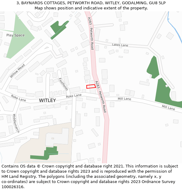 3, BAYNARDS COTTAGES, PETWORTH ROAD, WITLEY, GODALMING, GU8 5LP: Location map and indicative extent of plot