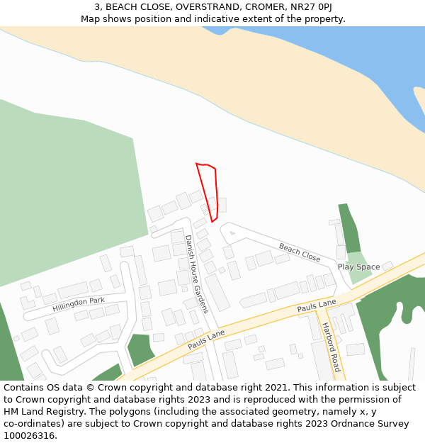 3, BEACH CLOSE, OVERSTRAND, CROMER, NR27 0PJ: Location map and indicative extent of plot