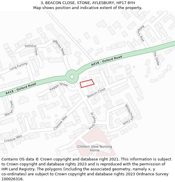 3, BEACON CLOSE, STONE, AYLESBURY, HP17 8YH: Location map and indicative extent of plot