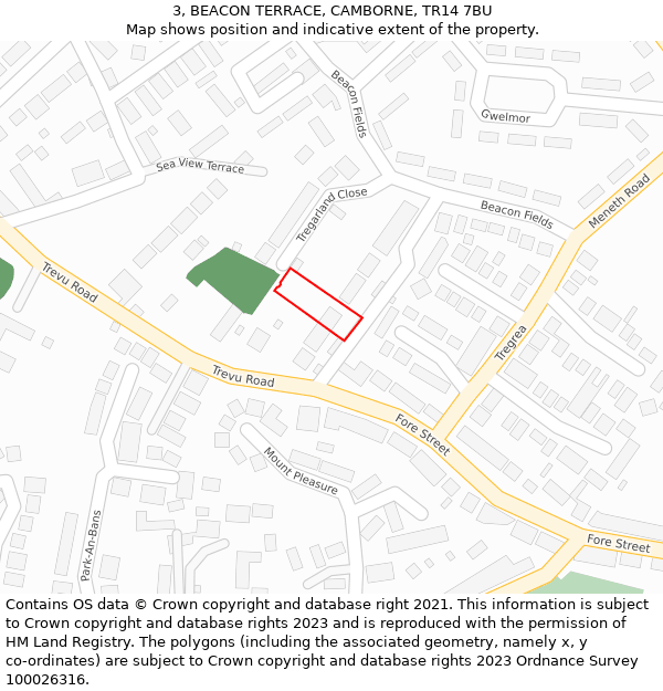 3, BEACON TERRACE, CAMBORNE, TR14 7BU: Location map and indicative extent of plot