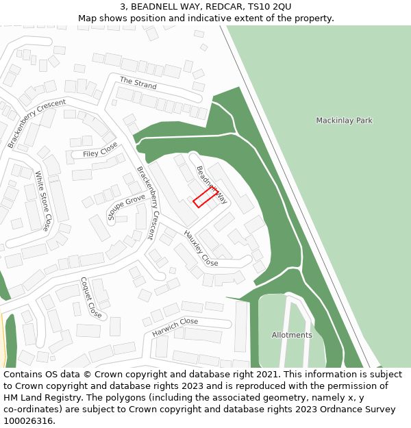 3, BEADNELL WAY, REDCAR, TS10 2QU: Location map and indicative extent of plot