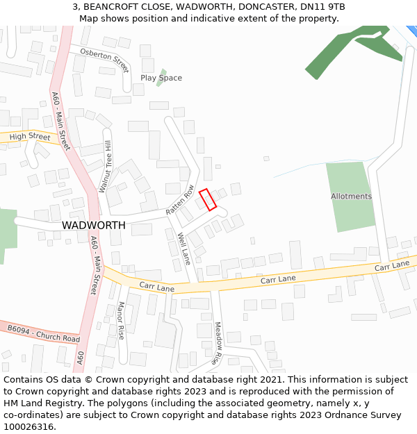 3, BEANCROFT CLOSE, WADWORTH, DONCASTER, DN11 9TB: Location map and indicative extent of plot