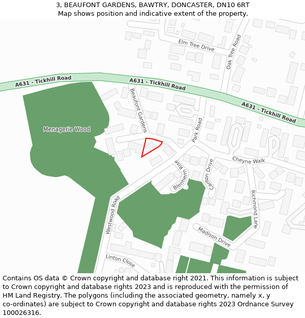 3, BEAUFONT GARDENS, BAWTRY, DONCASTER, DN10 6RT: Location map and indicative extent of plot