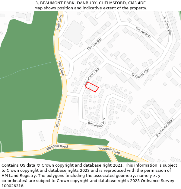 3, BEAUMONT PARK, DANBURY, CHELMSFORD, CM3 4DE: Location map and indicative extent of plot