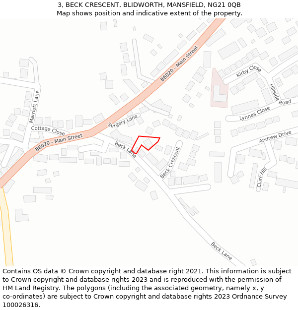 3, BECK CRESCENT, BLIDWORTH, MANSFIELD, NG21 0QB: Location map and indicative extent of plot