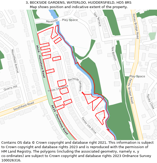 3, BECKSIDE GARDENS, WATERLOO, HUDDERSFIELD, HD5 8RS: Location map and indicative extent of plot