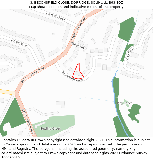 3, BECONSFIELD CLOSE, DORRIDGE, SOLIHULL, B93 8QZ: Location map and indicative extent of plot